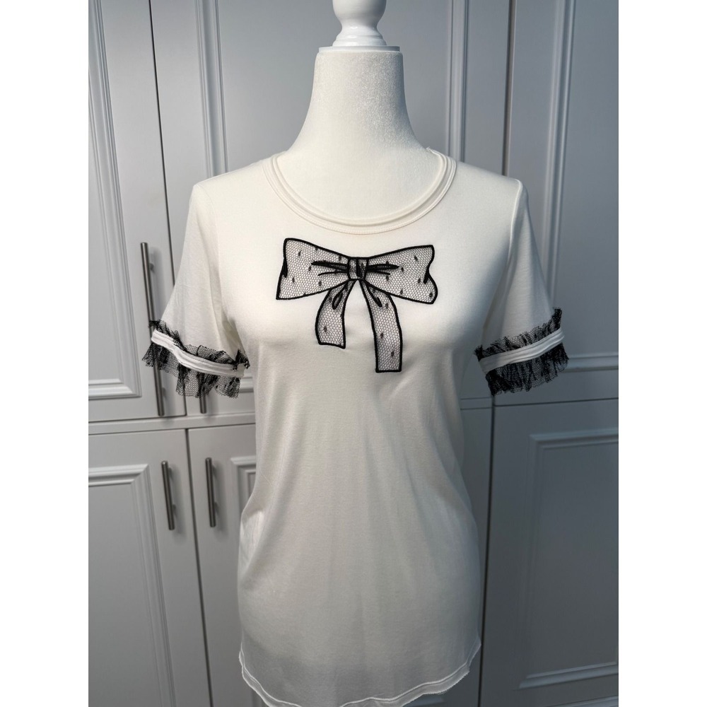 Red Valentino T-Shirt Women L White Excellent Lace Bow Ruffle Trim Tee